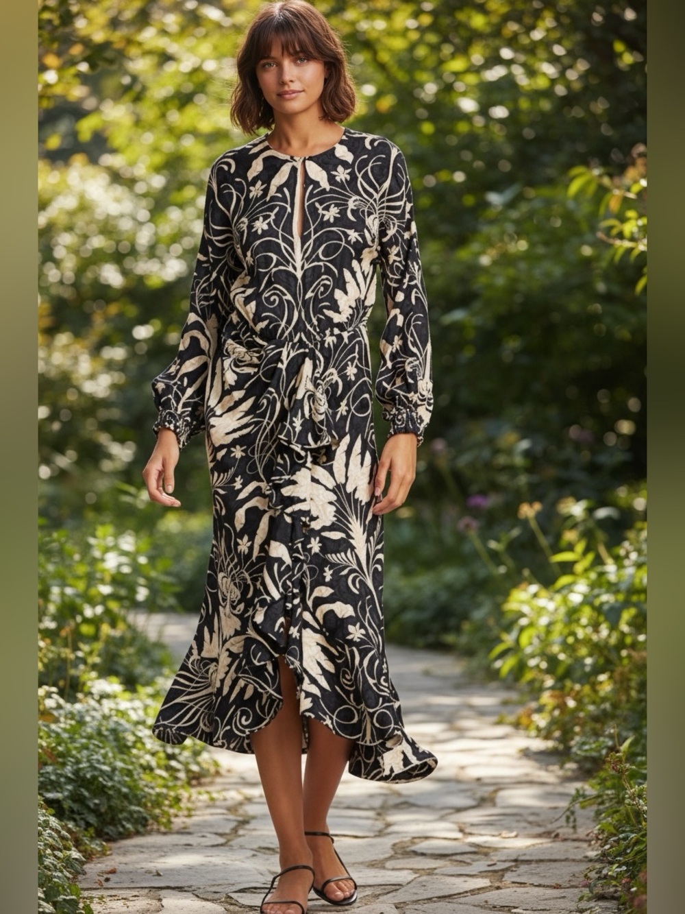 Johanna Ortiz Black / Cream Midi Dress boho